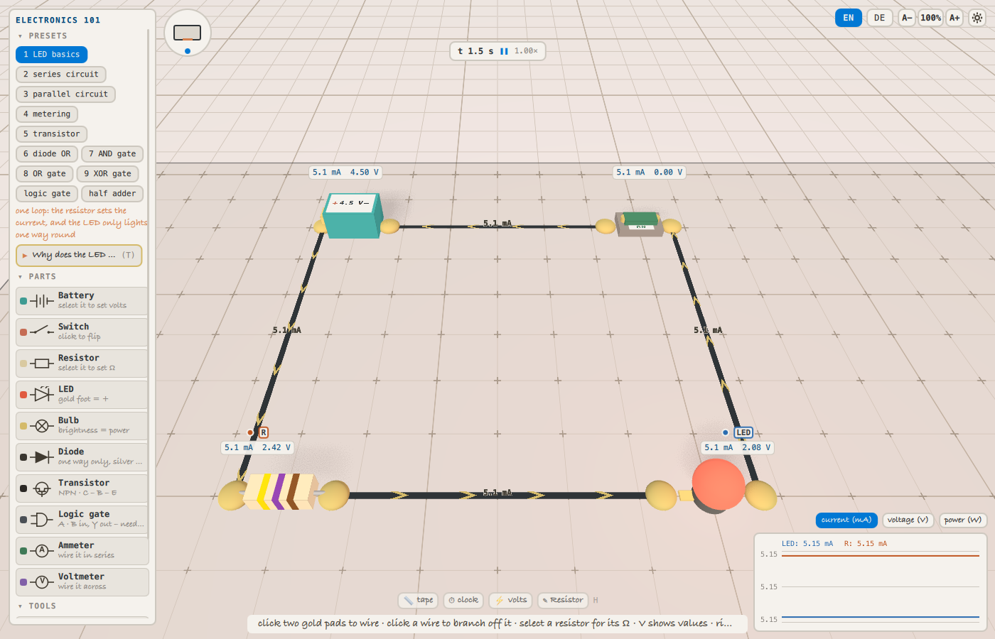 the led-basic circuit, lit, with every value labelled